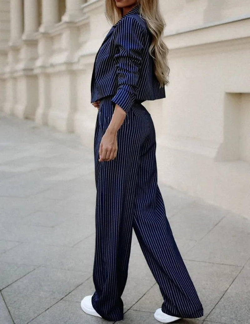 Women&#39;s Pinstripe Wide-Leg High-Waist Trouser Suit