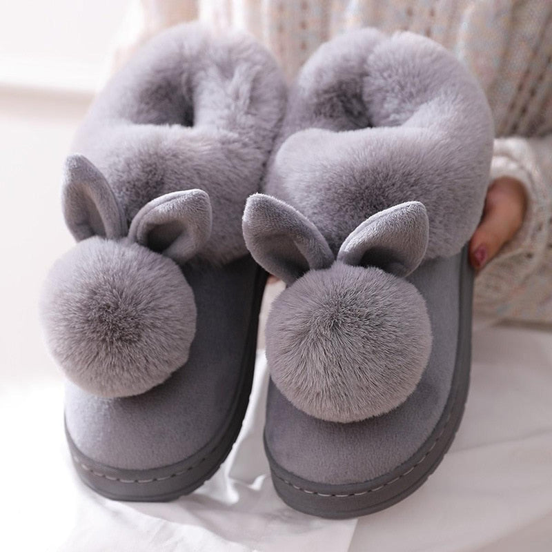 Women&#39;s Plush Bunny Ear Slippers With Non-Slip Sole