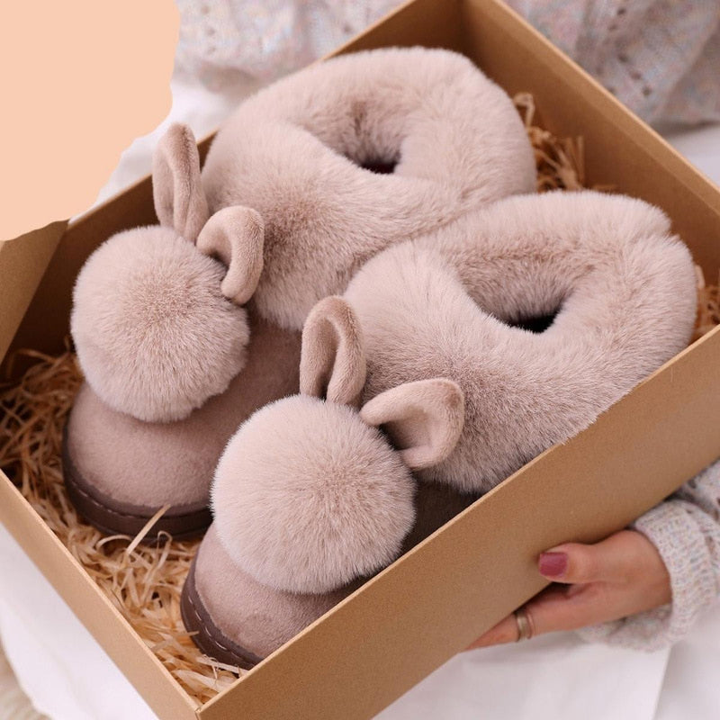 Women&#39;s Plush Bunny Ear Slippers With Non-Slip Sole