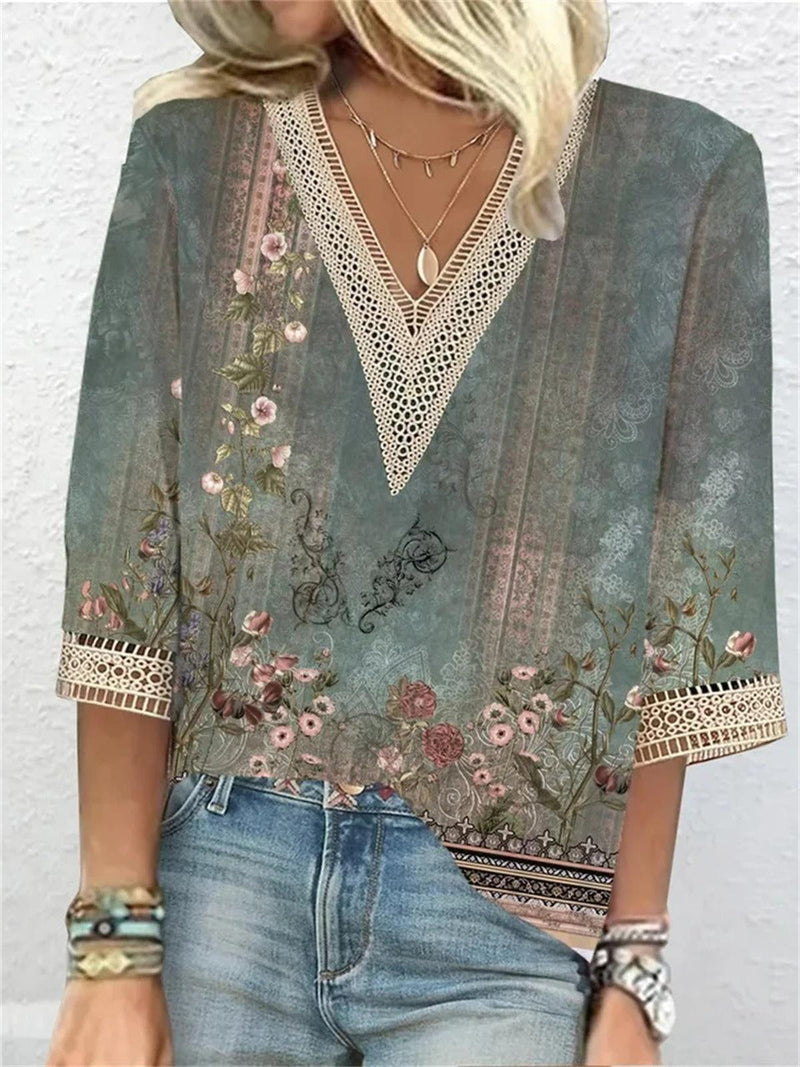 Women&#39;s Printed Loose-Fit V-Neck Blouse