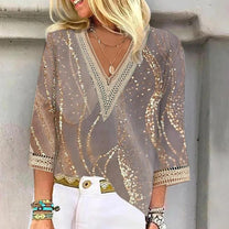Women&#39;s Printed Loose-Fit V-Neck Blouse