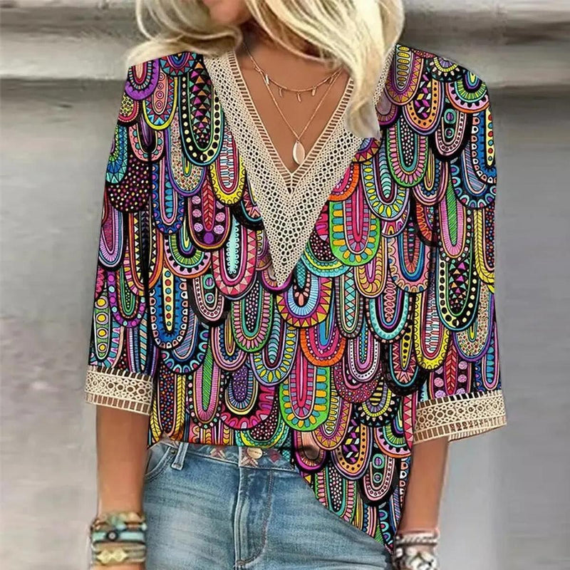 Women&#39;s Printed Loose-Fit V-Neck Blouse