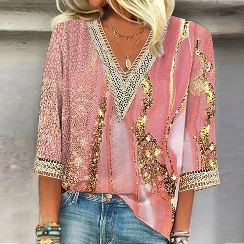 Women&#39;s Printed Loose-Fit V-Neck Blouse