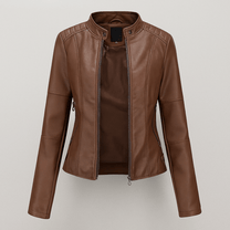 Women&#39;s Red PU Leather Moto Jacket With Stand Collar
