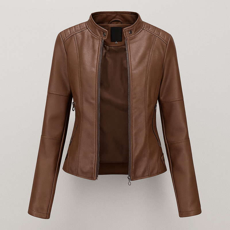 Women&#39;s Red PU Leather Moto Jacket With Stand Collar