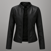 Women&#39;s Red PU Leather Moto Jacket With Stand Collar