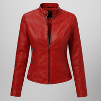 Women&#39;s Red PU Leather Moto Jacket With Stand Collar