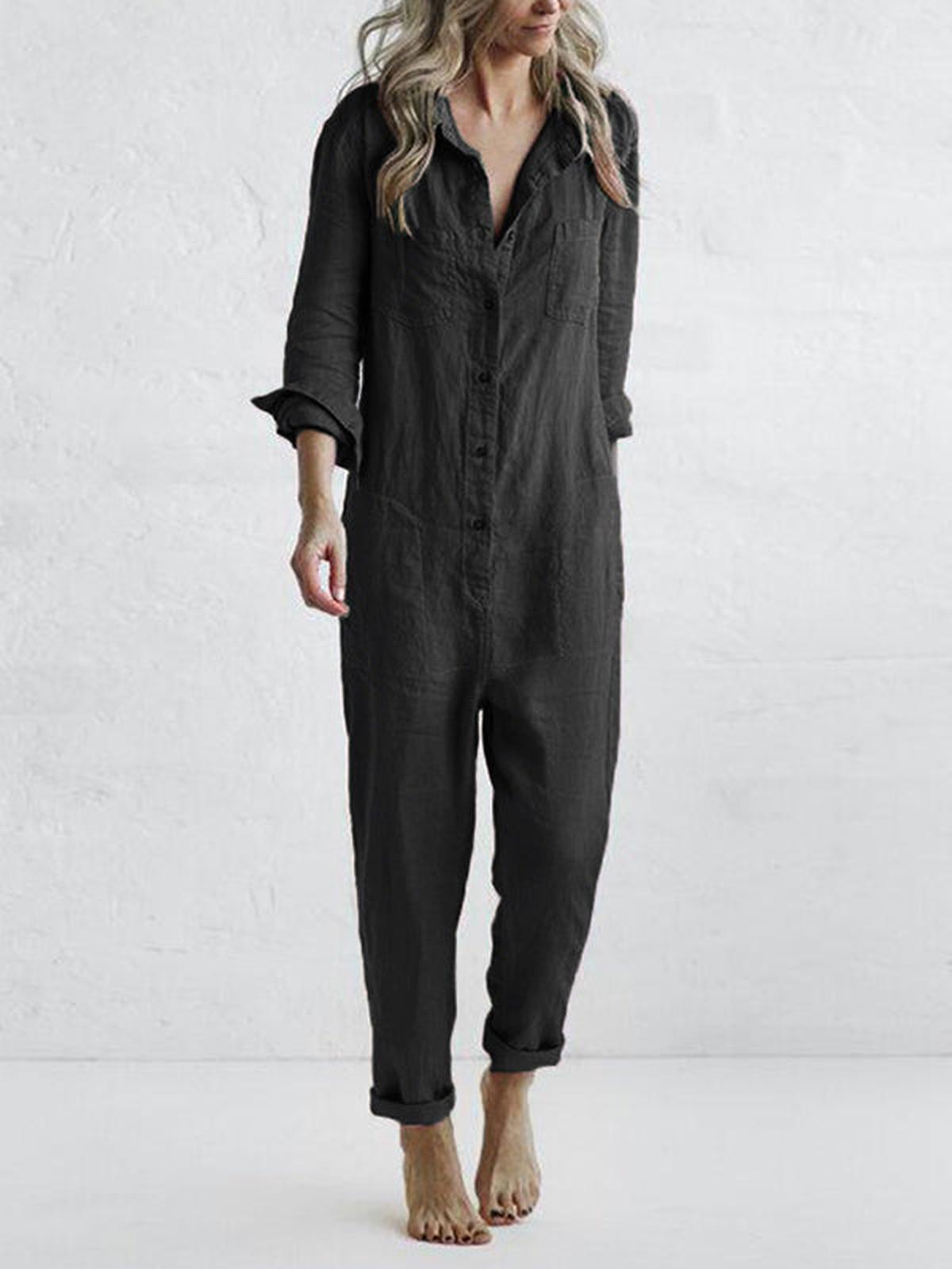 Women&#39;s Relaxed Fit Button Down Jumpsuit