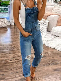 Women&#39;s Ripped Denim Overall Jumpsuit