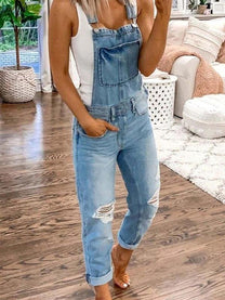 Women&#39;s Ripped Denim Overall Jumpsuit
