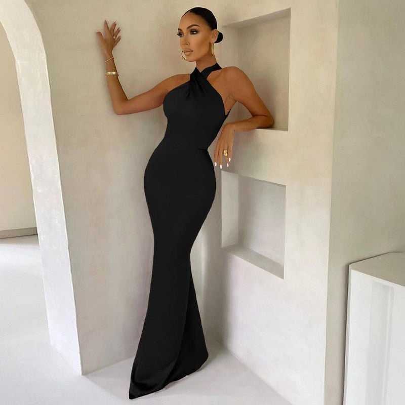 Women&#39;s Satin Halter Neck Evening Gown