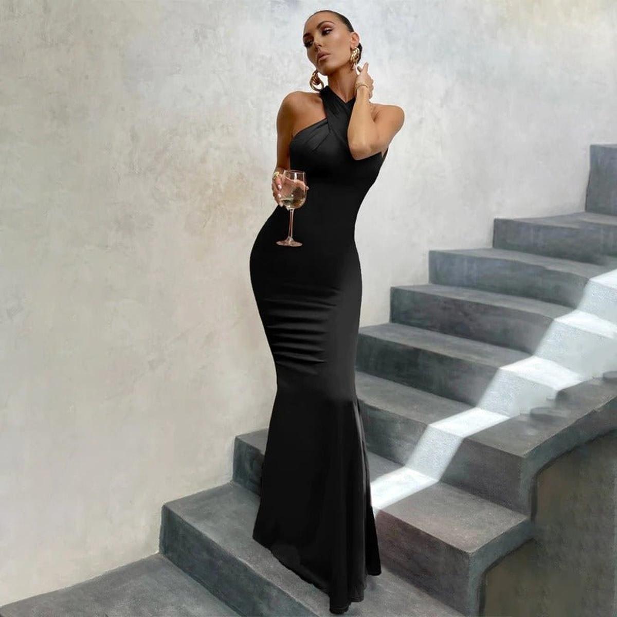 Women&#39;s Satin Halter Neck Evening Gown