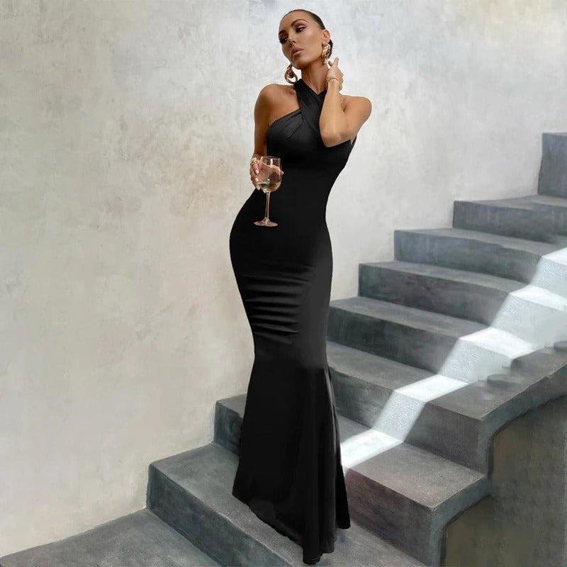 Women&#39;s Satin Halter Neck Evening Gown