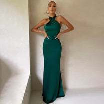 Women&#39;s Satin Halter Neck Evening Gown