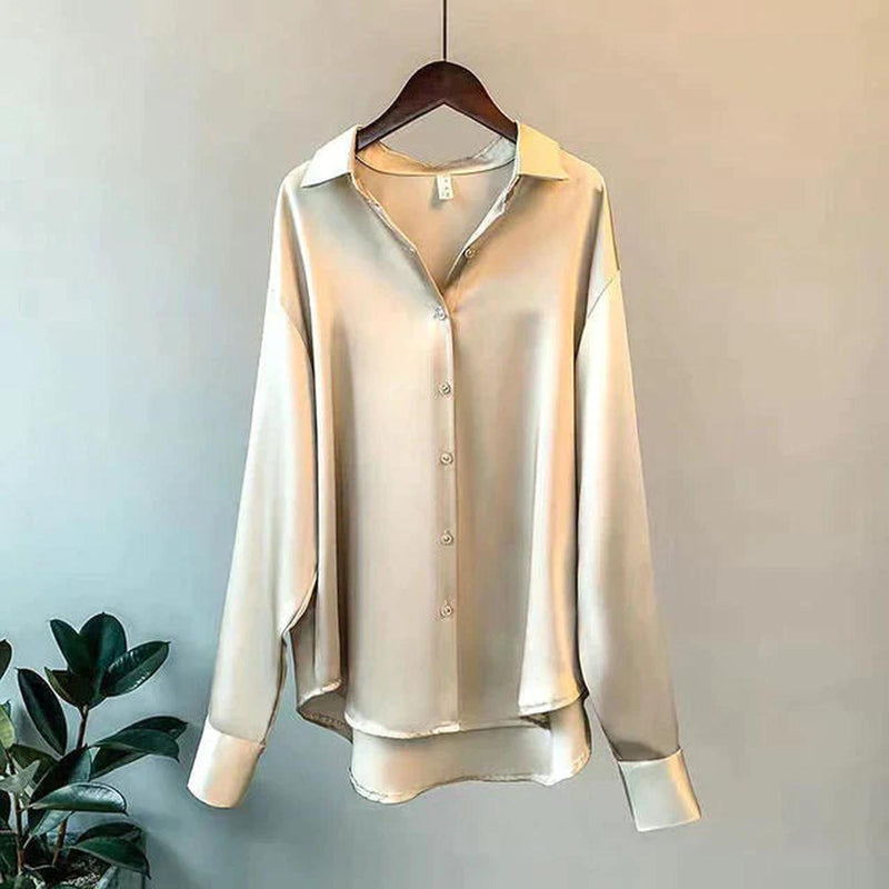 Women&#39;s Satin Shirt With Straight Collar And Button Placket