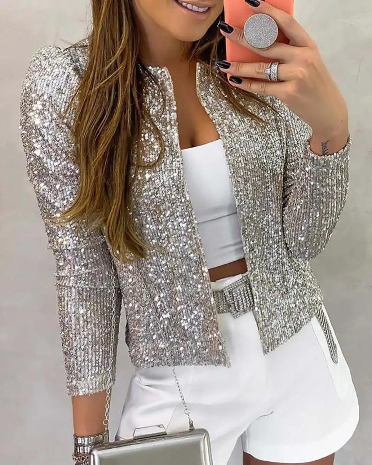 Women&#39;s Sequin Embellished Stand-Up Collar Jacket