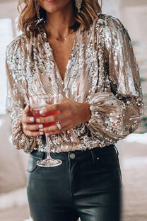 Women&#39;s Sequin V-Neck Balloon Sleeve Blouse