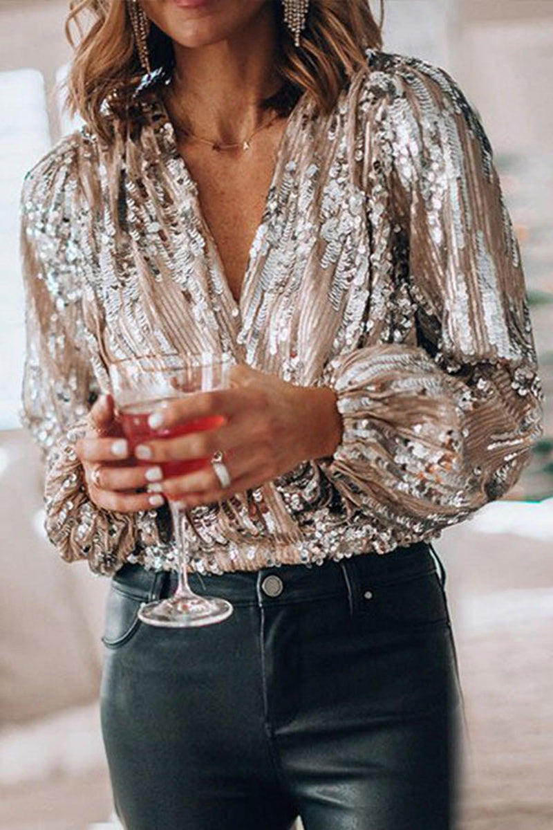 Women&#39;s Sequin V-Neck Balloon Sleeve Blouse