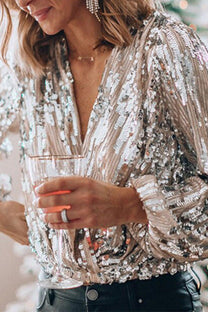 Women&#39;s Sequin V-Neck Balloon Sleeve Blouse