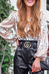 Women&#39;s Sequin V-Neck Balloon Sleeve Blouse
