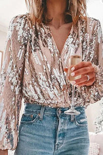 Women&#39;s Sequin V-Neck Balloon Sleeve Blouse