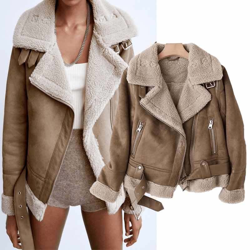Women&#39;s Sherpa Lined Leather Jacket With Ribbed Cuffs