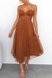 Women&#39;s Sleeveless Chiffon Maxi Dress With Tulle Overlay
