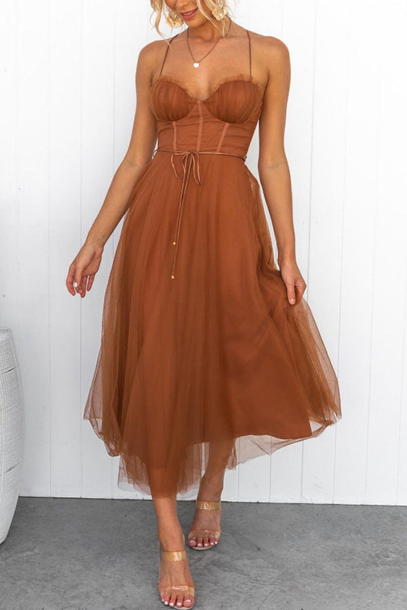 Women&#39;s Sleeveless Chiffon Maxi Dress With Tulle Overlay