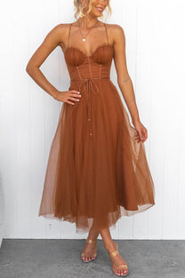 Women&#39;s Sleeveless Chiffon Maxi Dress With Tulle Overlay