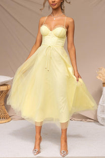 Women&#39;s Sleeveless Chiffon Maxi Dress With Tulle Overlay