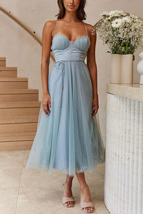 Women&#39;s Sleeveless Chiffon Maxi Dress With Tulle Overlay