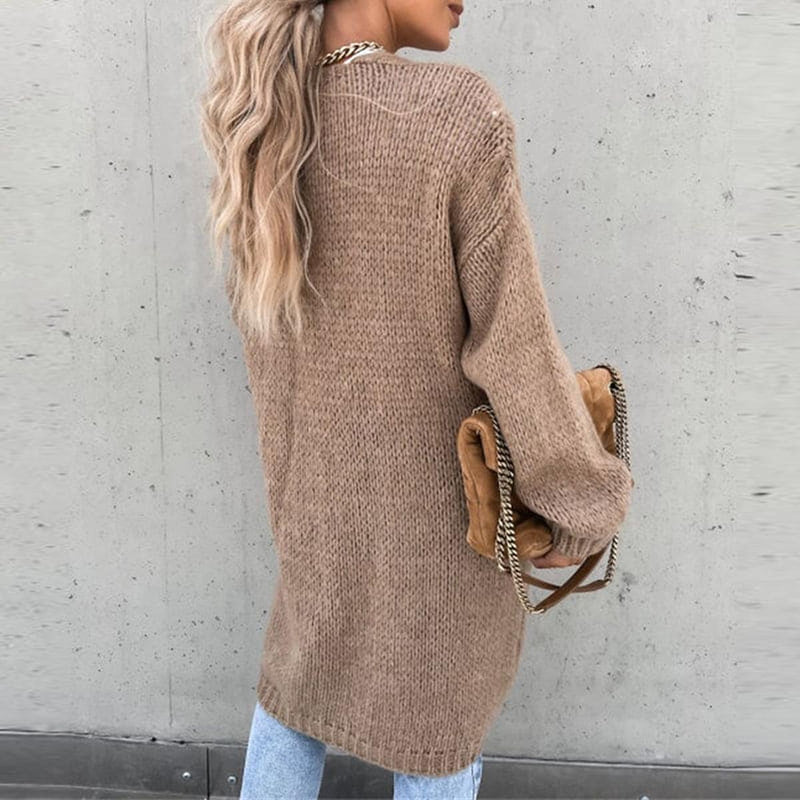 Women&#39;s Solid Color Knit Cardigan With Long Sleeves