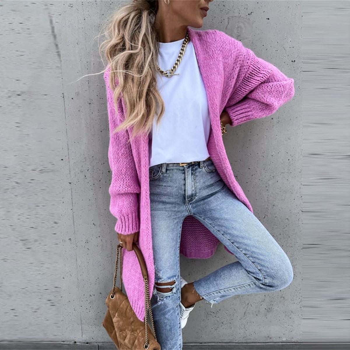 Women&#39;s Solid Color Knit Cardigan With Long Sleeves