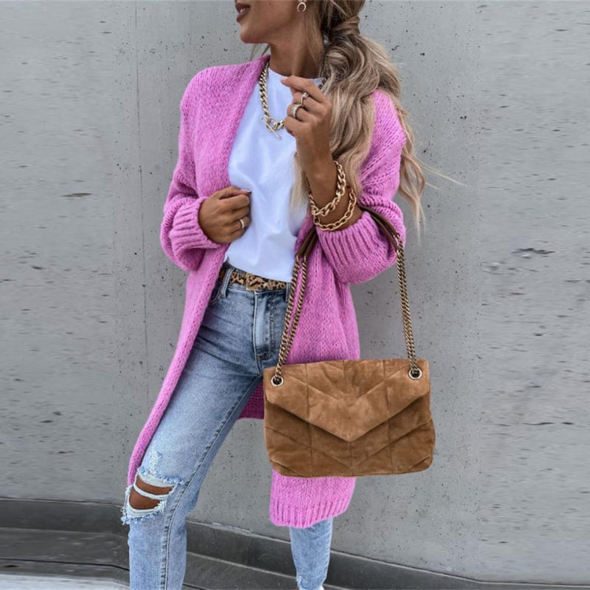 Women&#39;s Solid Color Knit Cardigan With Long Sleeves