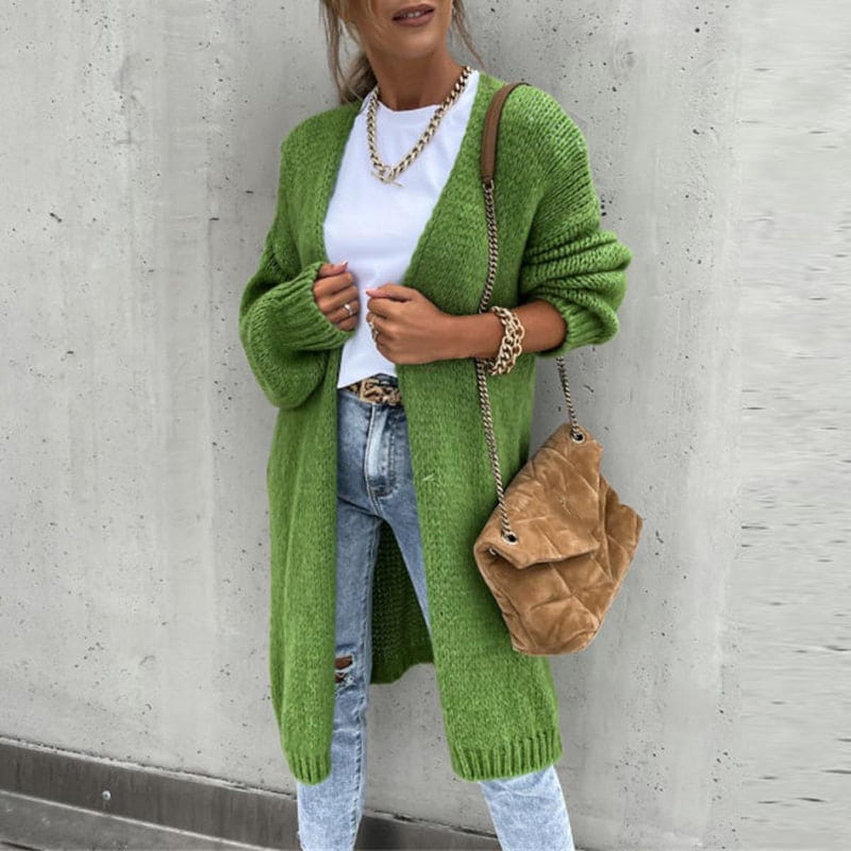 Women&#39;s Solid Color Knit Cardigan With Long Sleeves