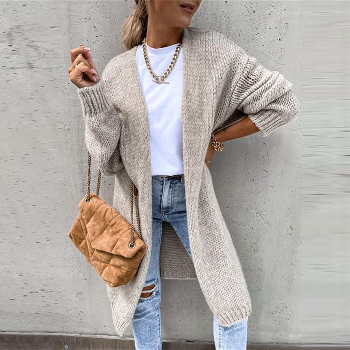 Women&#39;s Solid Color Knit Cardigan With Long Sleeves