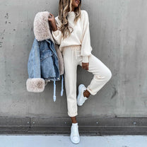 Women&#39;s Spring Lounge Set With Elastic Waistband And High Collar