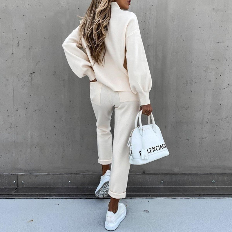 Women&#39;s Spring Lounge Set With Elastic Waistband And High Collar