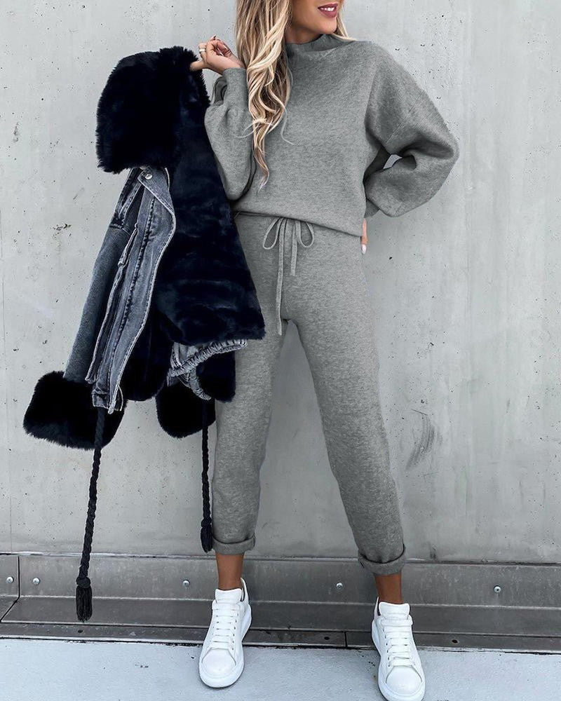 Women&#39;s Spring Lounge Set With Elastic Waistband And High Collar