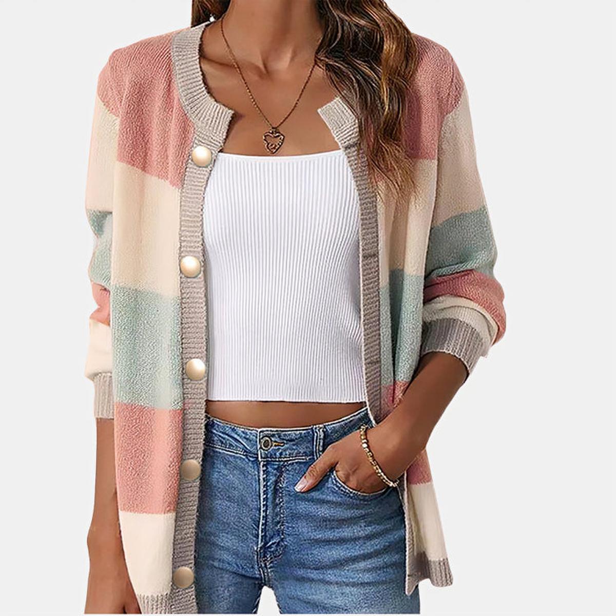 Women&#39;s Striped Cardigan Sweater - Elegant Versatile Knitwear