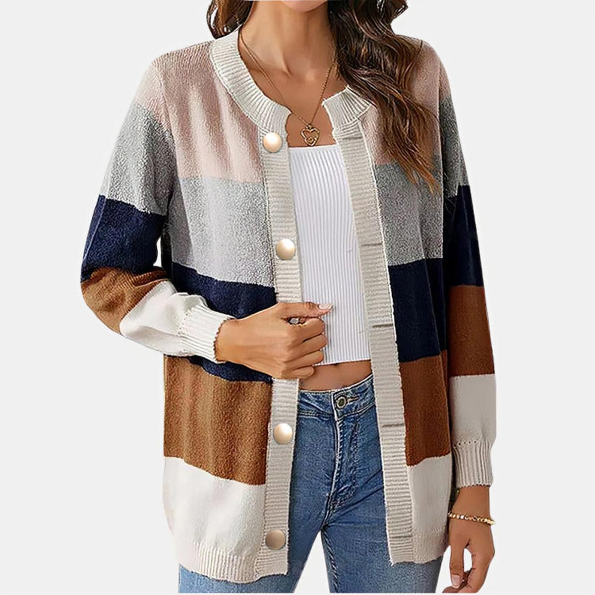 Women&#39;s Striped Cardigan Sweater - Elegant Versatile Knitwear