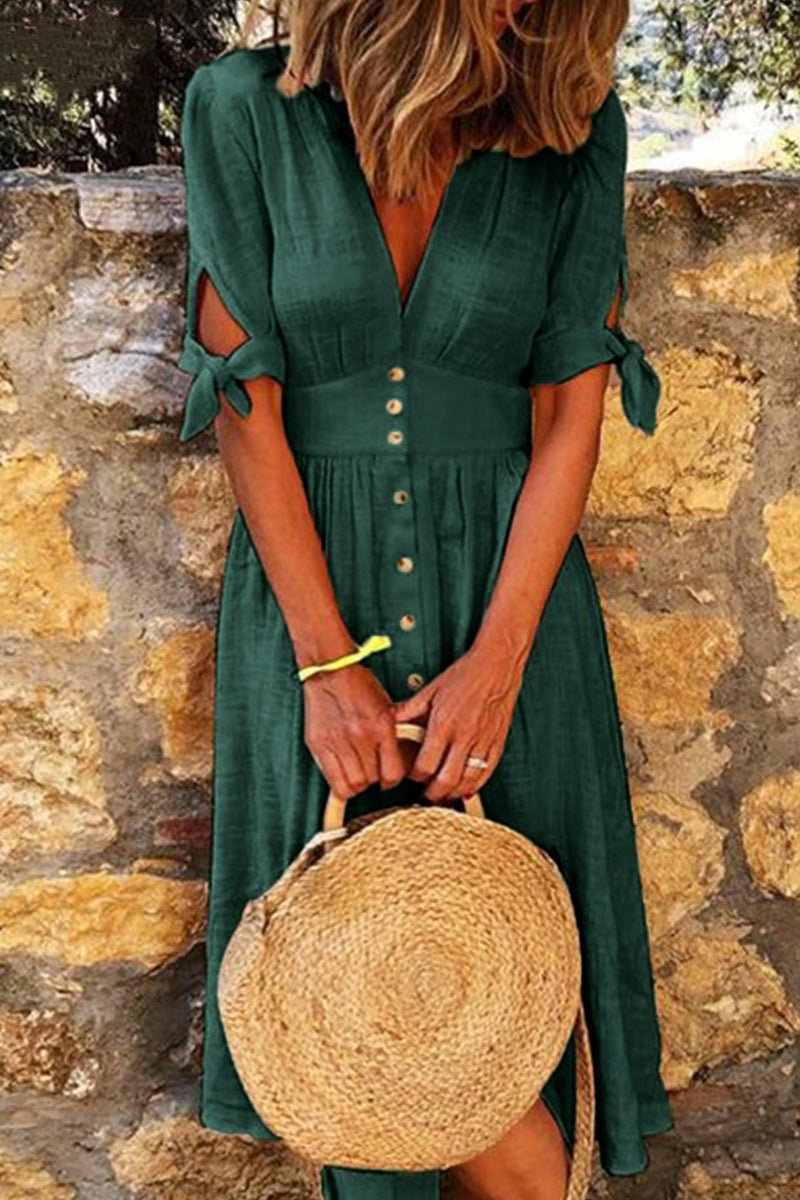 Women&#39;s Summer Button-Down V-Neck Midi Dress