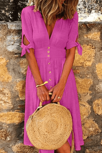 Women&#39;s Summer Button-Down V-Neck Midi Dress