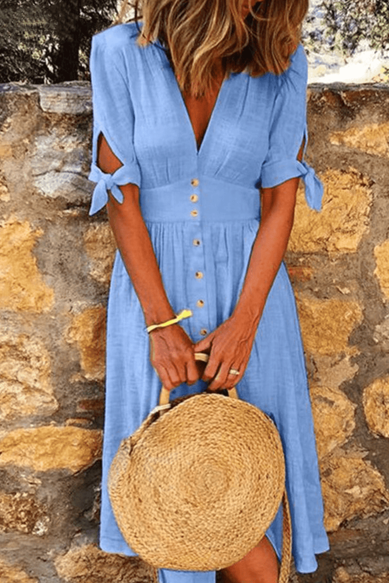 Women&#39;s Summer Button-Down V-Neck Midi Dress