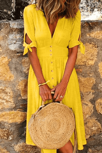 Women&#39;s Summer Button-Down V-Neck Midi Dress