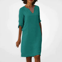 Women&#39;s Summer V-Neck Midi Dress With Three-Quarter Sleeves