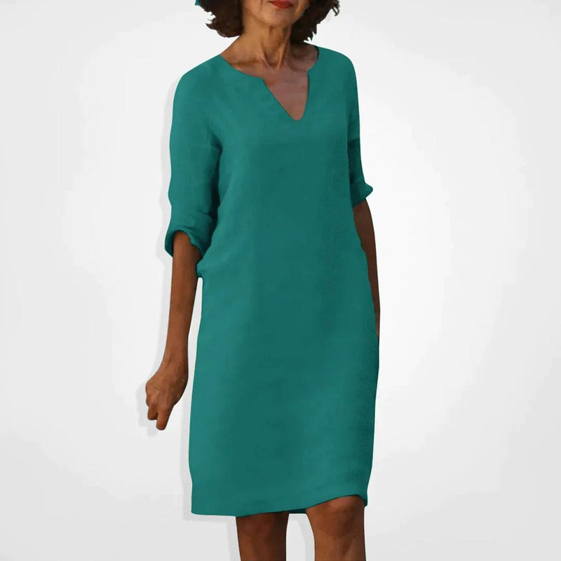 Women&#39;s Summer V-Neck Midi Dress With Three-Quarter Sleeves