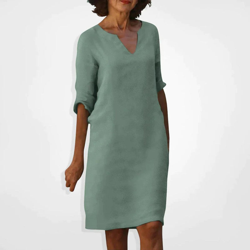 Women&#39;s Summer V-Neck Midi Dress With Three-Quarter Sleeves