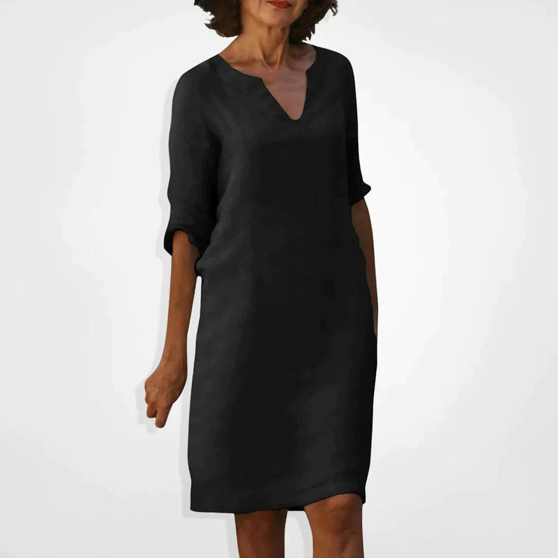 Women&#39;s Summer V-Neck Midi Dress With Three-Quarter Sleeves