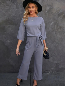 Women&#39;s Tie Belt Jumpsuit With Wide Legs And ¾ Sleeves